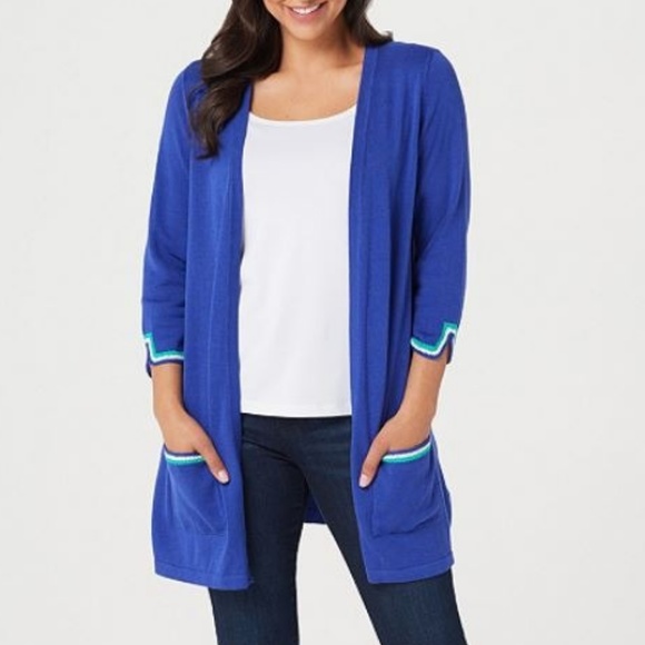 Susan Graver Sweaters - Cotton Rayon Sweater Cardigan with Crochet Trim 32